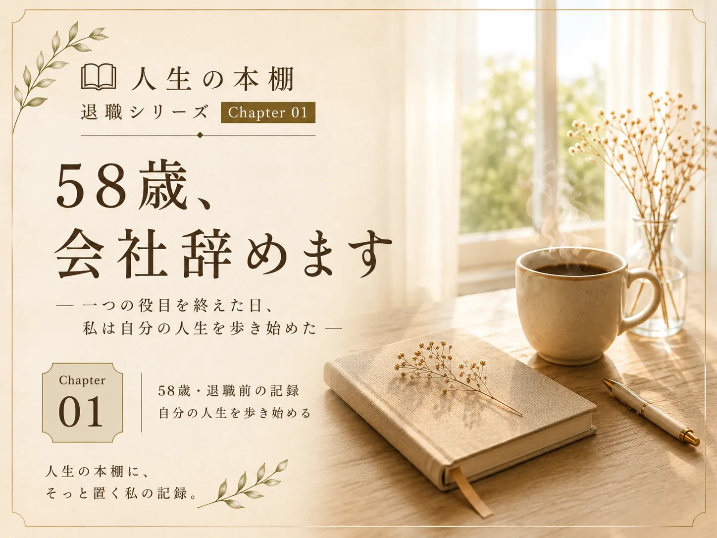 『人生の本棚』退職シリーズ第一冊『58歳、会社辞めます』の表紙。朝日が差し込む窓辺のコーヒーとノートが、一つの役目を終え新しい人生を歩み始める物語を表現している。