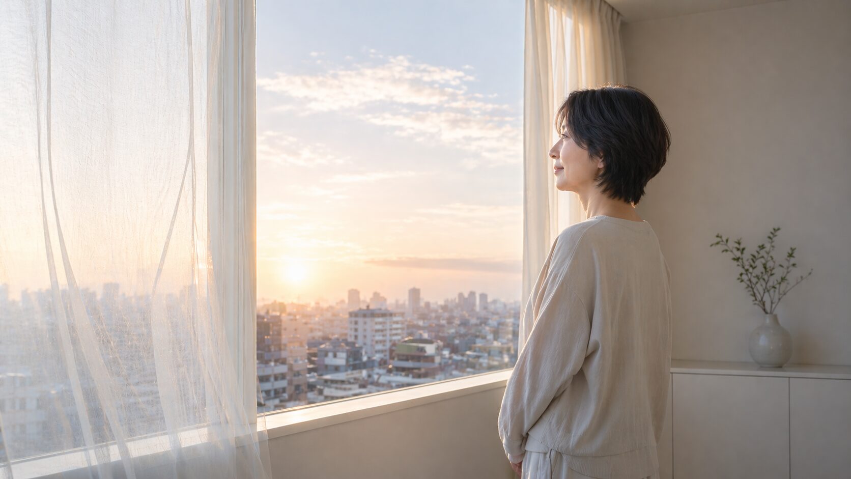 夜明けの窓辺に静かに立つ58歳女性の後ろ姿。柔らかな朝の光の中、新しい人生への決意を感じさせる凛とした雰囲気。