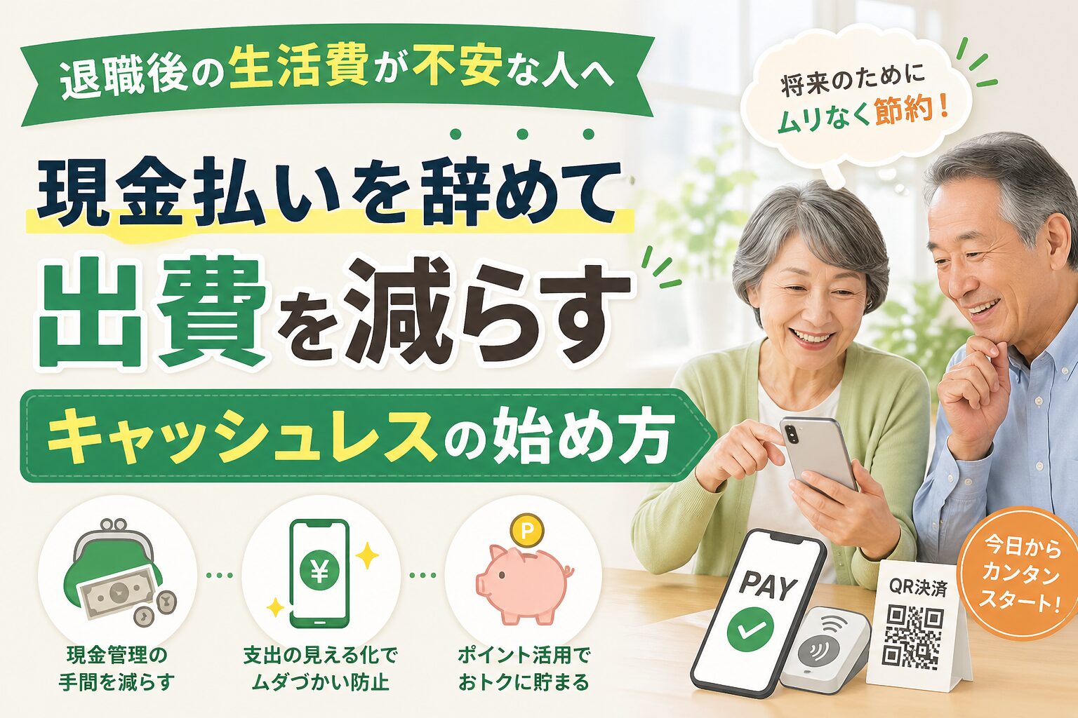 退職後の生活費に不安を抱える人向けに、現金払いをやめてキャッシュレス決済を活用することで出費を減らす方法を解説するバナー。スマホで決済するシニア夫婦の姿と、QRコード決済やポイント活用など節約のポイントが図解で示されている。