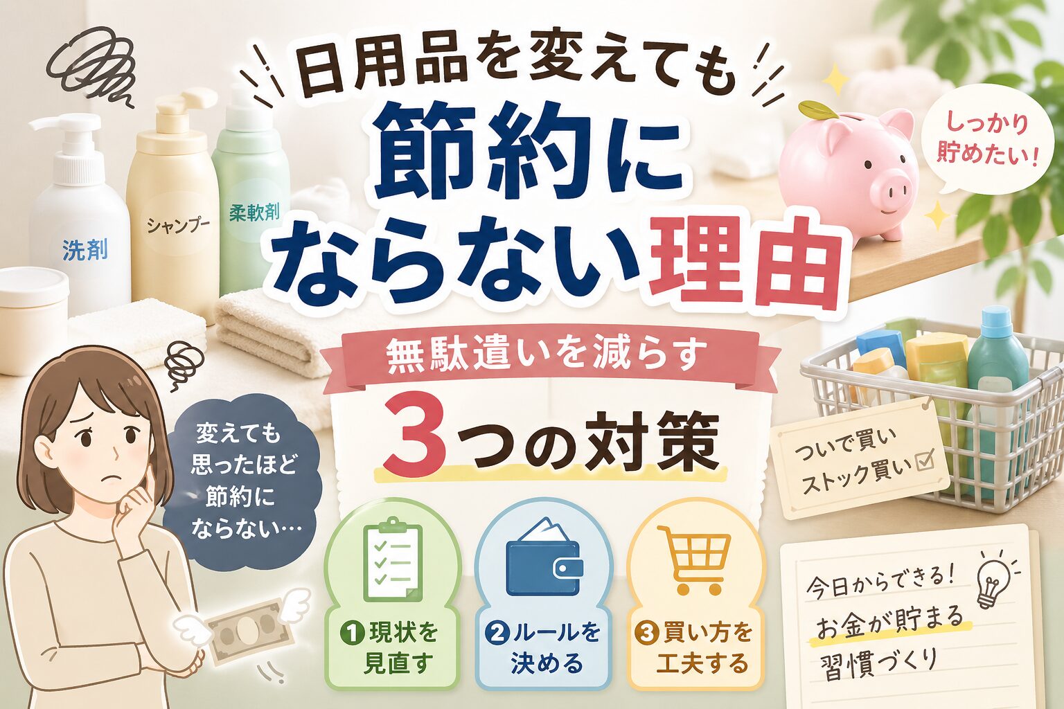 日用品を変えても節約にならない理由と、無駄遣いを減らす3つの対策をまとめた日本語のアイキャッチ画像。洗剤やシャンプーなどの生活用品、貯金箱、家計管理のアイコン、悩む女性のイラストが配置され、節約の悩みと解決策を視覚的に表現している。