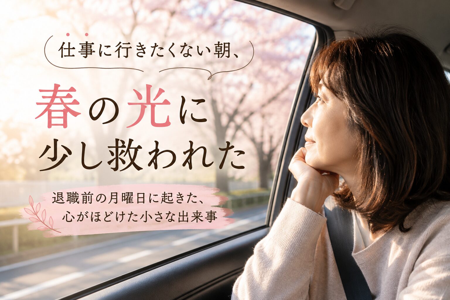 春の朝、車の中で窓の外を見つめる50代女性。退職前の月曜日の揺れる気持ちを表現したアイキャッチ画像
