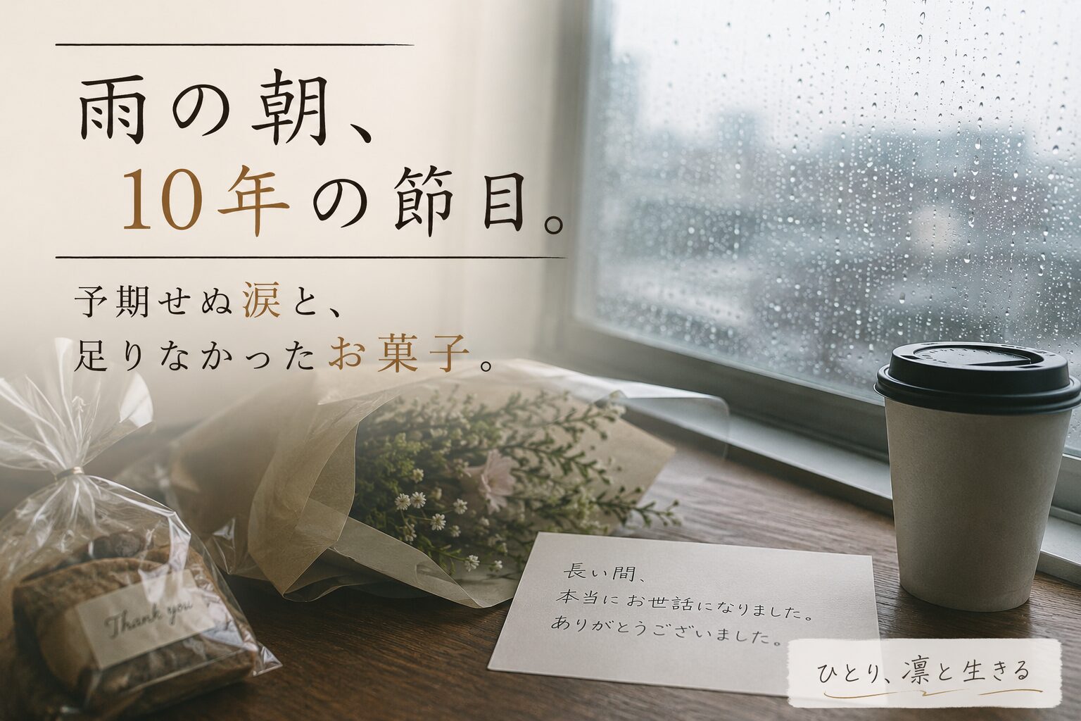雨の窓辺に置かれた花束とコーヒー、お菓子の写真。「雨の朝、10年の節目。予期せぬ涙と、足りなかったお菓子。」という文字が入った、退職日の余韻を表現したアイキャッチ画像。