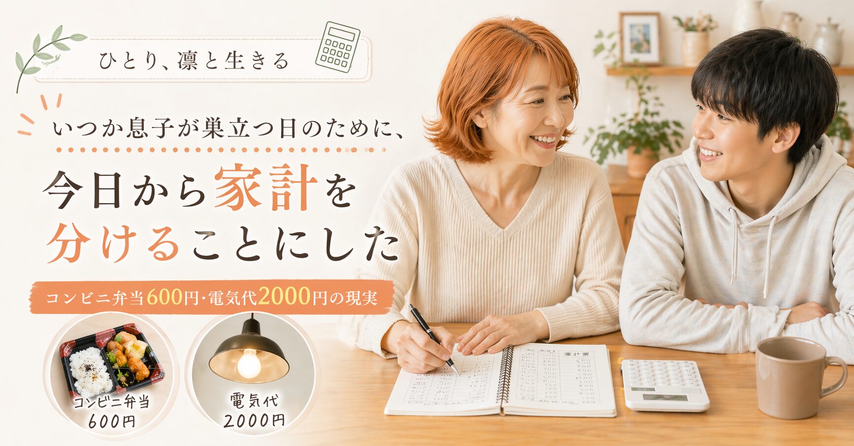 テーブルの上に広げた家計簿と電卓。母と息子が向き合って家計を見直す場面。