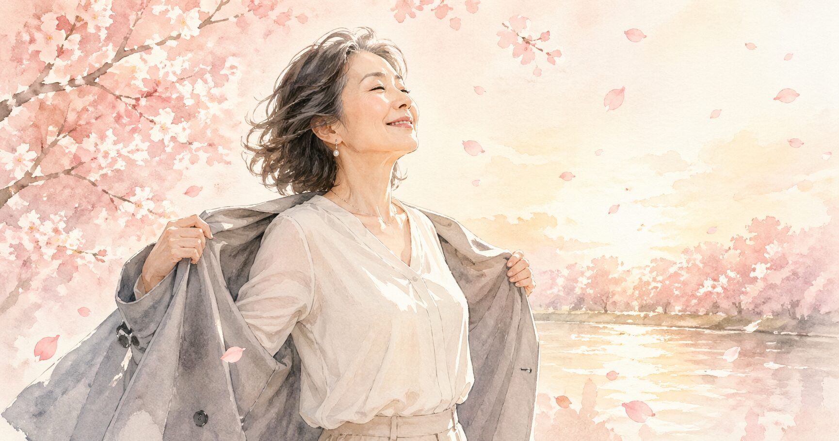 58歳・退職を前に、重たい鎧を脱いで春風に解き放たれる女性のイラスト