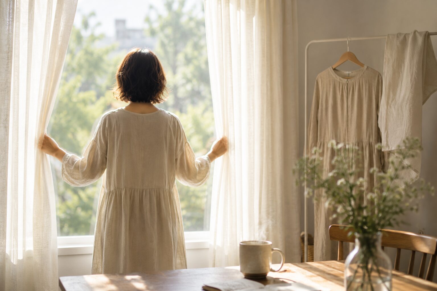 退職後の朝時間を過ごす女性の後ろ姿｜窓辺でコーヒーを飲みながら暮らしを整える