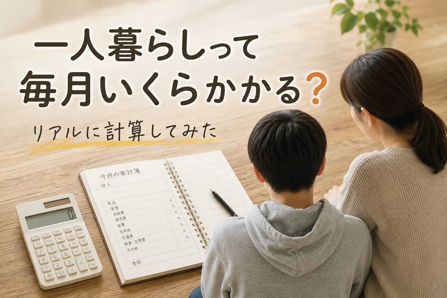 木のテーブルに家計簿と電卓を置き、母と息子の後ろ姿が並ぶ中、「一人暮らしって毎月いくらかかる？ リアルに計算してみた」と書かれたアイキャッチ画像。