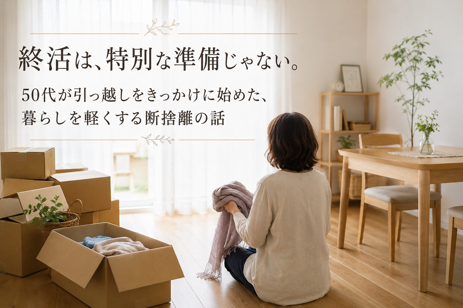 引っ越しの段ボールが置かれた明るい部屋で、ストールを手に持ちながら静かに座る女性の後ろ姿。軽い家具だけを残したシンプルな暮らしと、50代からの終活をイメージしたアイキャッチ画像。
