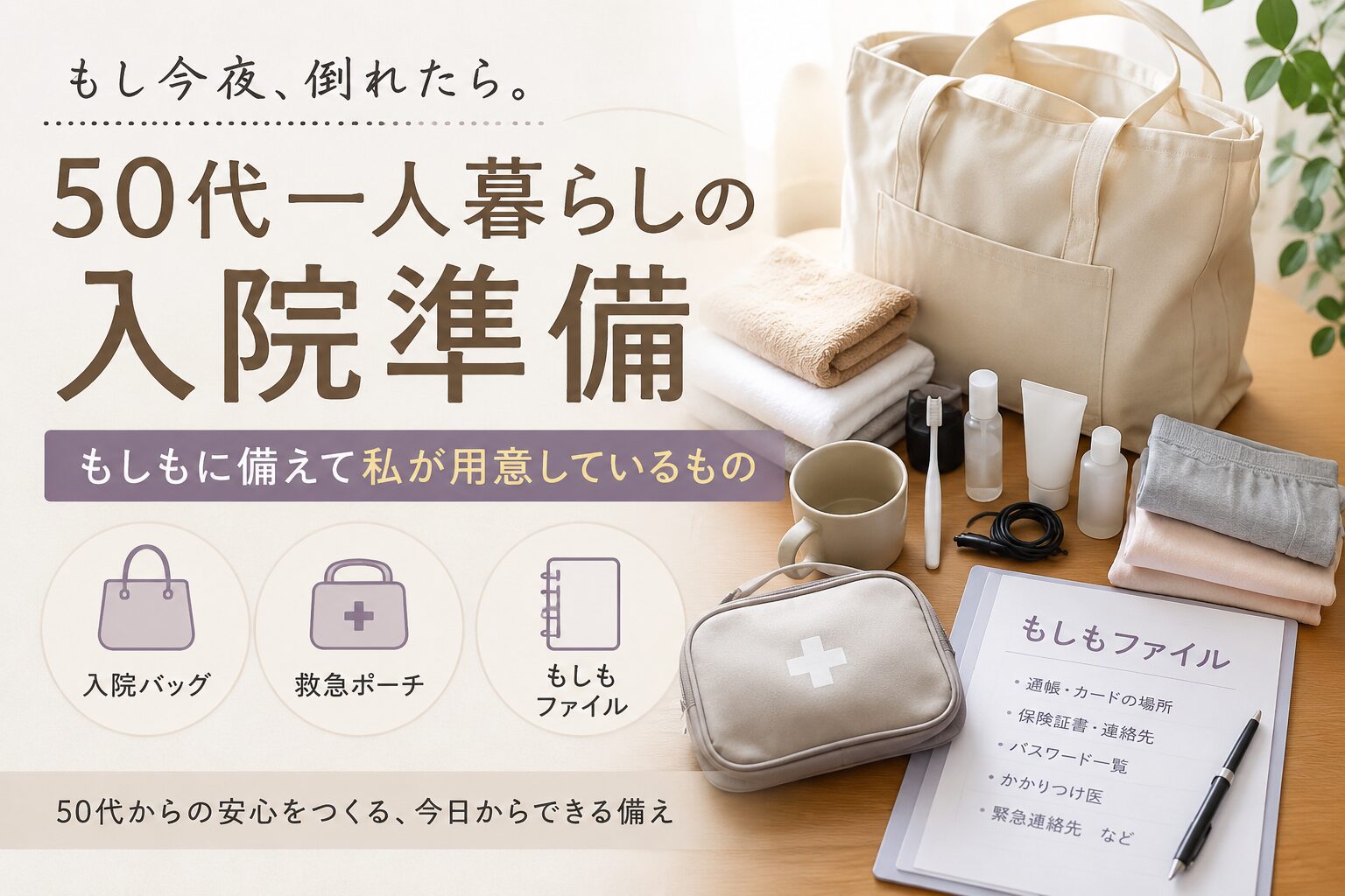 50代一人暮らし女性の入院準備をイメージしたアイキャッチ画像。入院バッグ、保険証、ノート、タオルなどを静かに整えた暮らしの風景。
