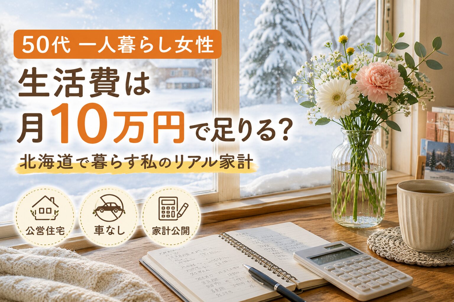 北海道の雪景色を背景に、花と家計簿を並べたテーブルで、50代一人暮らし女性の月10万円生活をテーマにしたアイキャッチ画像