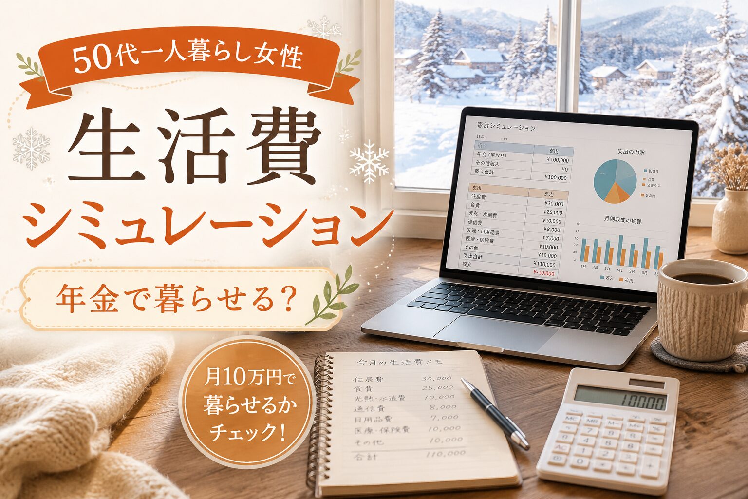 50代一人暮らし女性の生活費シミュレーション画面。年金・生活費・老後資金を計算し、月10万円で暮らせるか確認するイメージ。