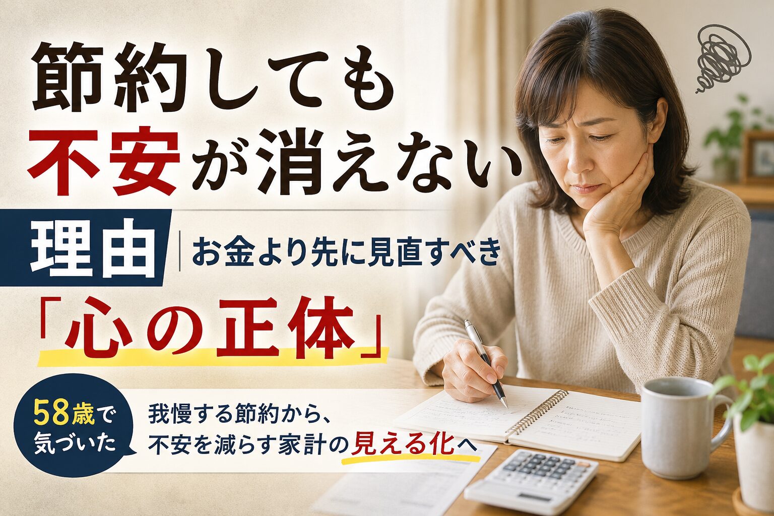 節約しても不安が消えず、家計簿を見ながら悩む58歳女性のイメージ。不安の正体と家計の見える化について解説する記事アイキャッチ