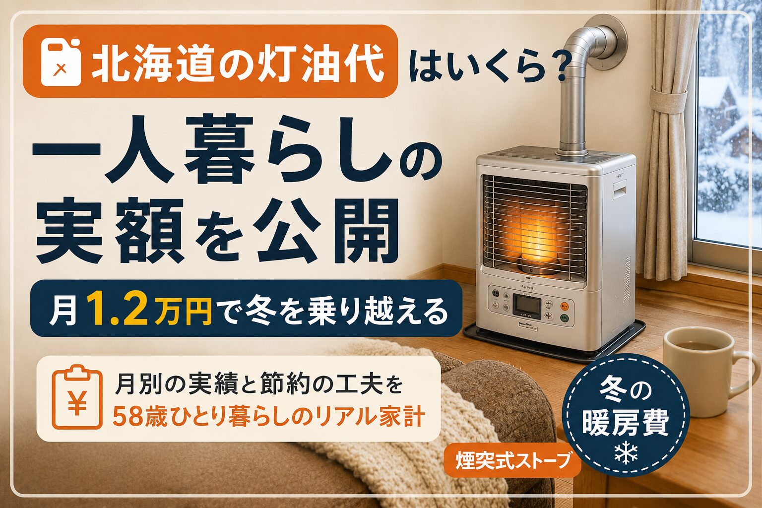 北海道の冬の灯油代をテーマにしたアイキャッチ画像。雪景色が見える窓辺に煙突式ストーブが置かれ、「北海道の灯油代はいくら？」「一人暮らしの実額を公開」「月1.2万円で冬を乗り越える」の文字が入っている。