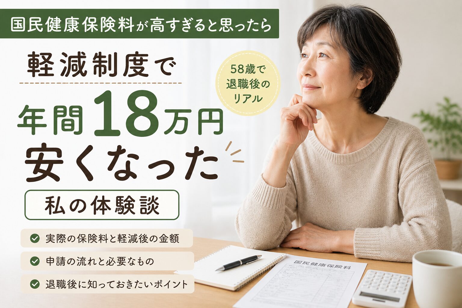 58歳で退職した女性が国民健康保険料の軽減制度を利用し、年間18万円安くなった体験談を紹介するアイキャッチ画像。保険料通知書と電卓を前に考える女性と「軽減制度で年間18万円安くなった」の文字入り。