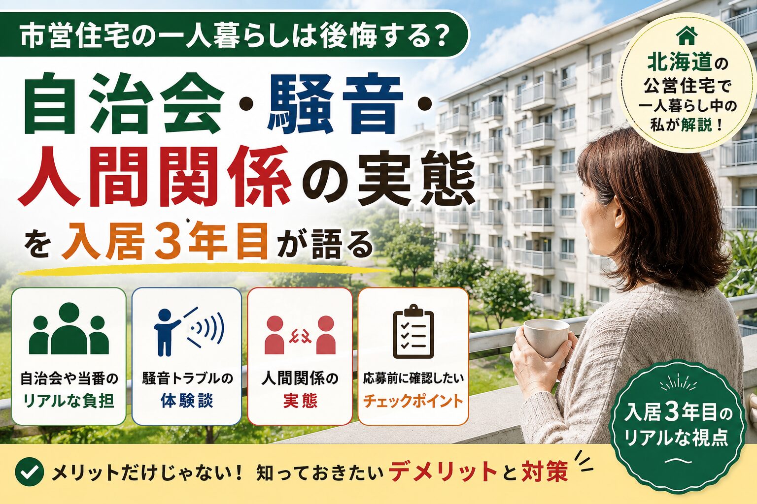 北海道の公営住宅で一人暮らしをする50代女性がベランダから団地を眺める様子。自治会、騒音、人間関係など市営住宅のリアルな実態を入居3年目の体験から紹介する記事のアイキャッチ画像。